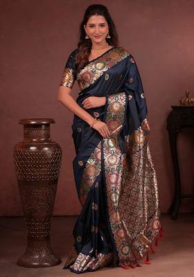 Navy Blue Embroidered Blended Saree Set
