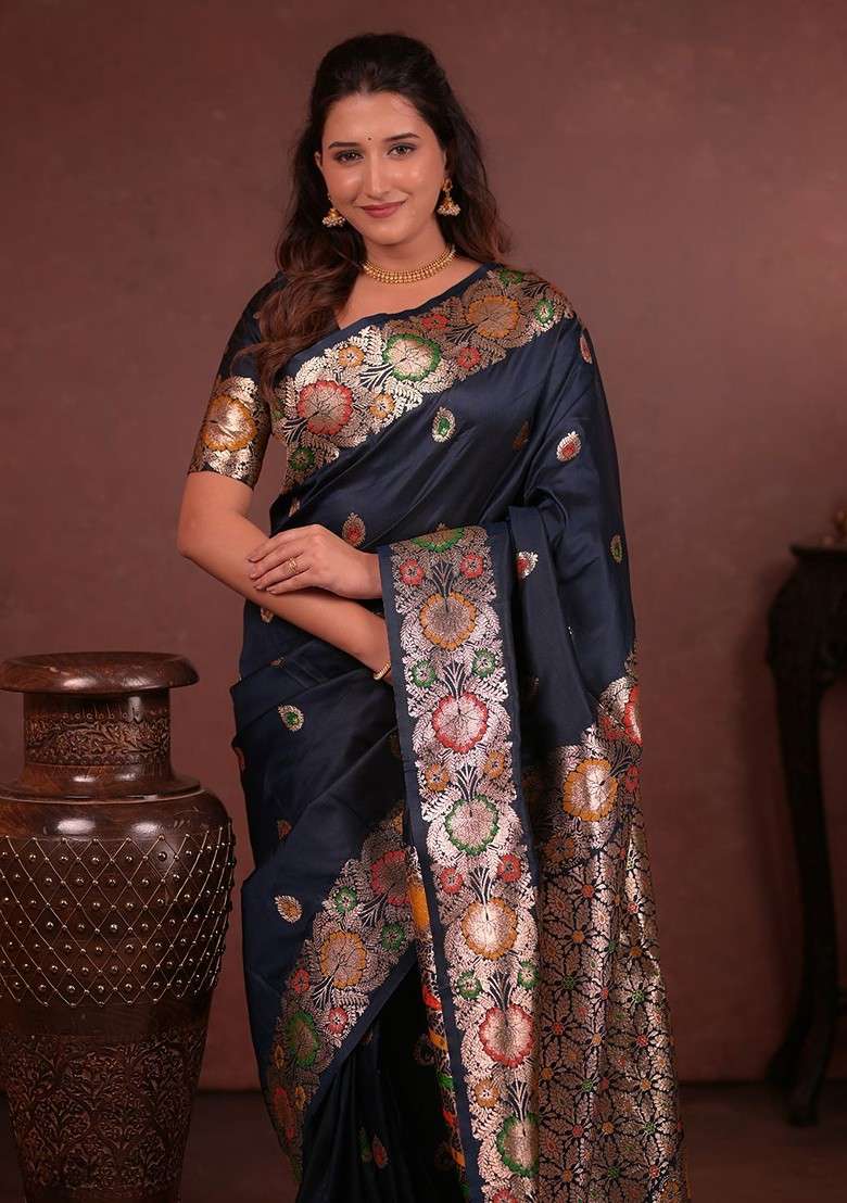 Navy Blue Embroidered Blended Saree Set for Diwali and Festive Wear - Indya