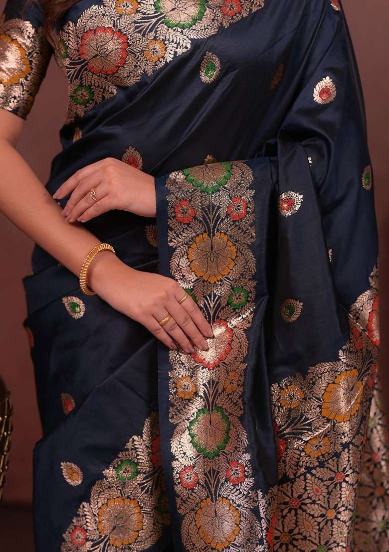 Navy Blue Embroidered Blended Saree Set for Diwali and Festive Wear - Indya