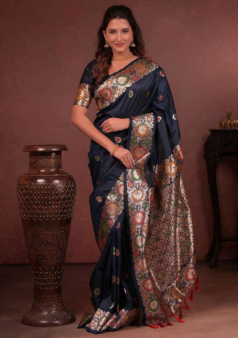 Navy Blue Embroidered Blended Saree Set for Diwali and Festive Wear - Indya