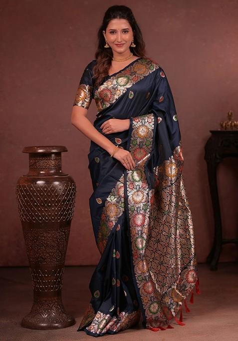 Navy Blue Embroidered Blended Saree Set — view on Indya