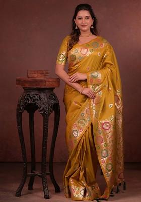 Mustard Embroidered Blended Saree Set
