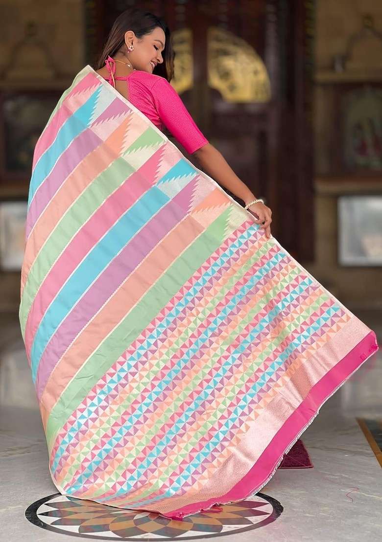 Multi Embroidered Blended Saree Set - Indya