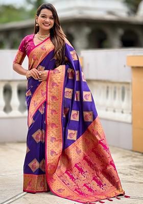 Purple Jacquard Blended Saree Set