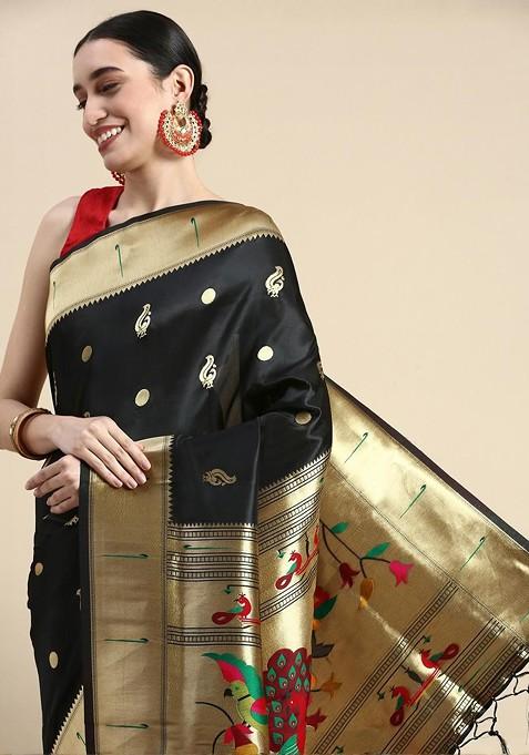 Black Embroidered Blended Saree Set