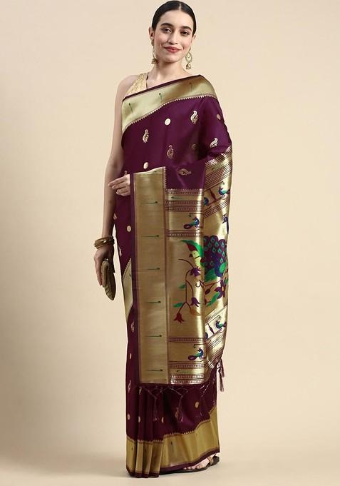 Purple Embroidered Blended Saree Set