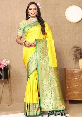 Mustard Embroidered Blended Saree Set