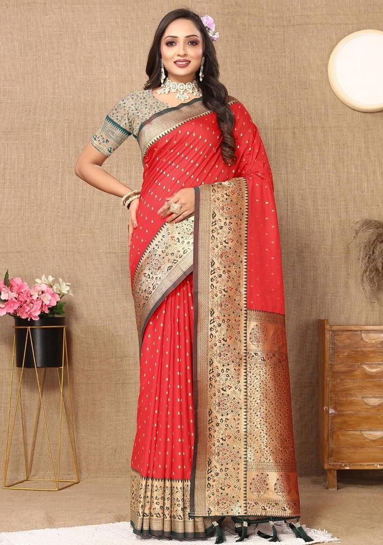Red Embroidered Blended Saree Set