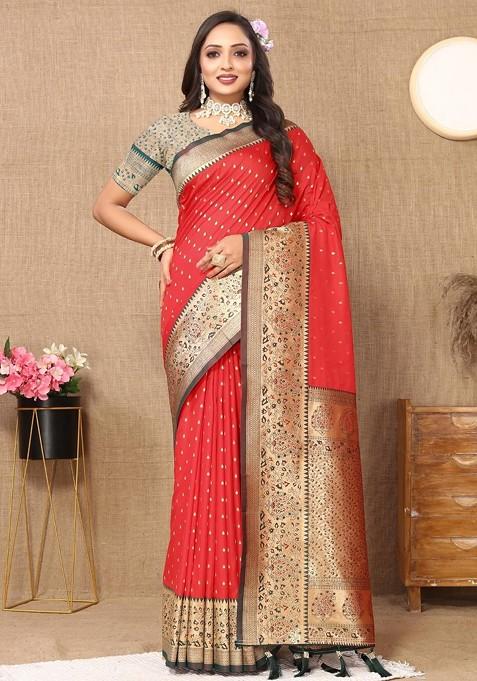 Red Embroidered Blended Saree Set