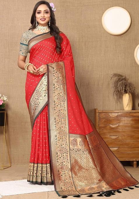 Red Embroidered Blended Saree Set
