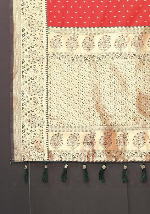 Red Embroidered Blended Saree Set