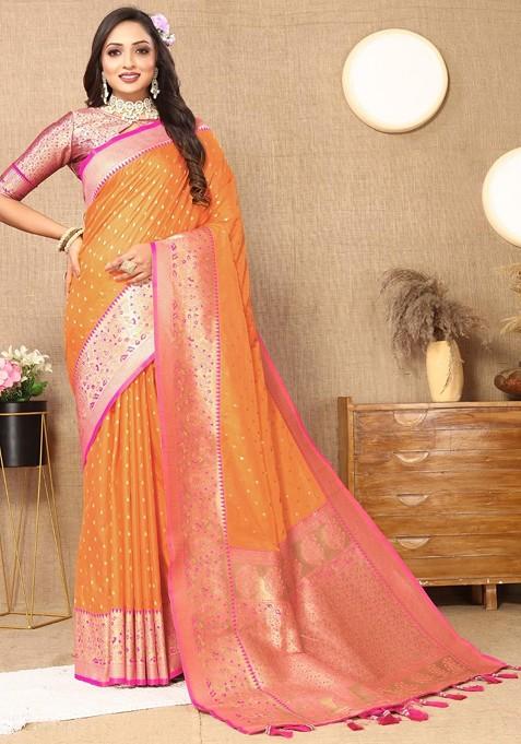 Orange Embroidered Blended Saree Set