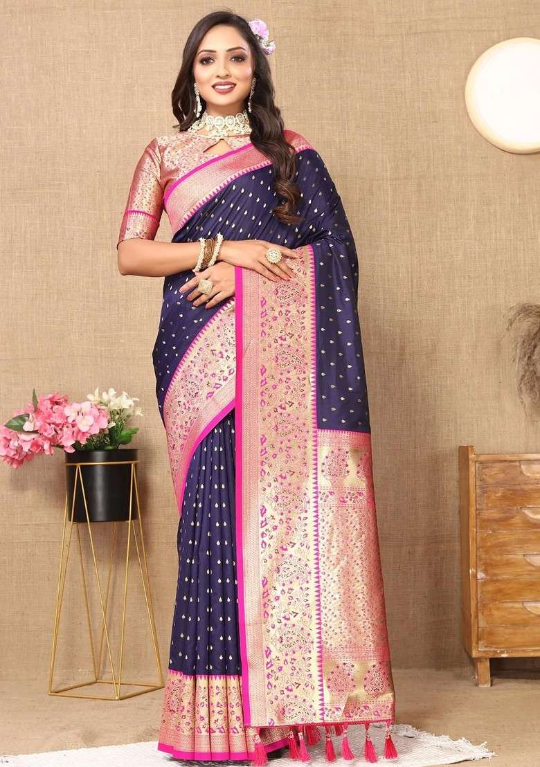 Navy Blue Embroidered Blended Saree Set - Indya