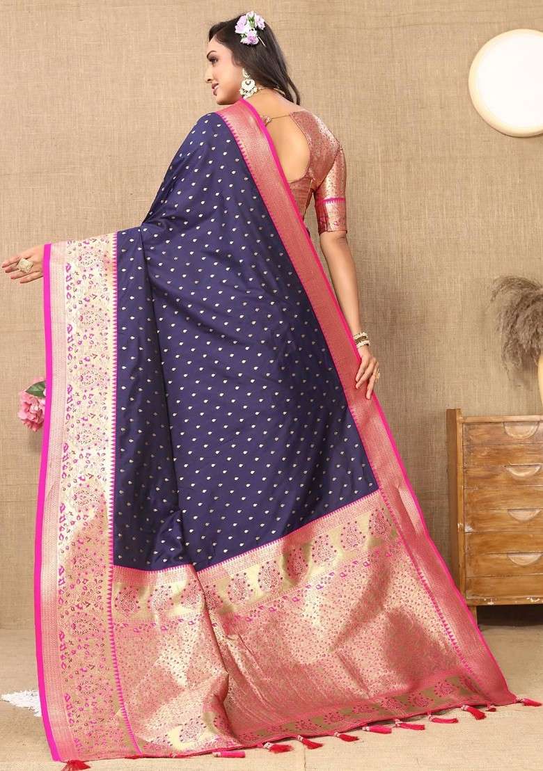 Navy Blue Embroidered Blended Saree Set - Indya