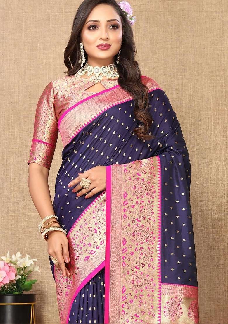 Navy Blue Embroidered Blended Saree Set - Indya