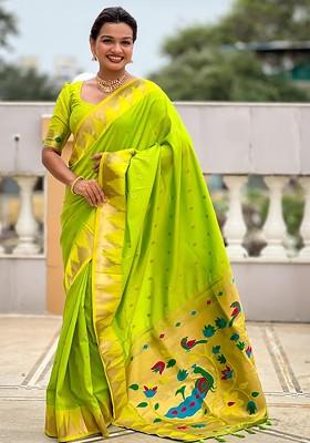 Lime Green Embroidered Blended Saree Set