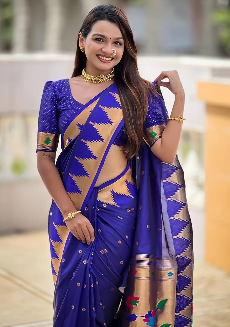 Navy Blue Embroidered Blended Saree Set