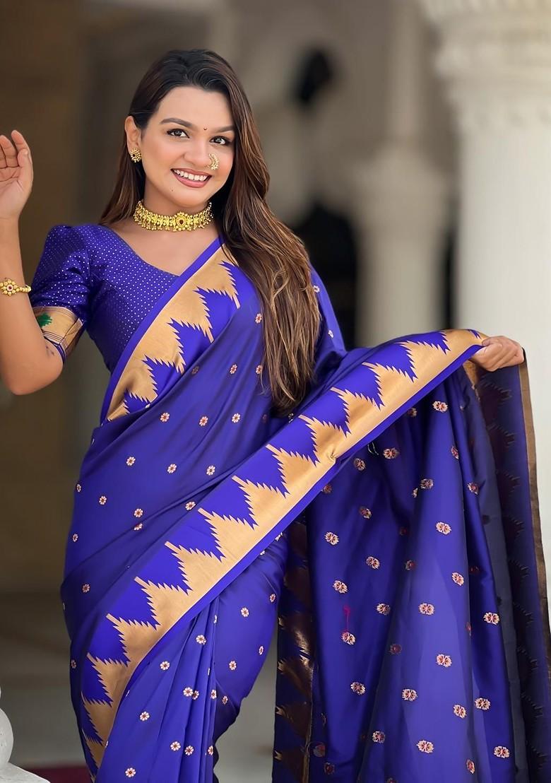 Navy Blue Embroidered Blended Saree Set
