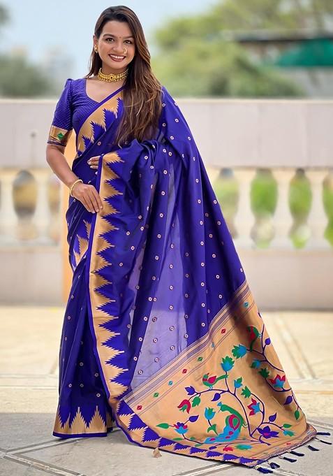 Navy Blue Embroidered Blended Saree Set
