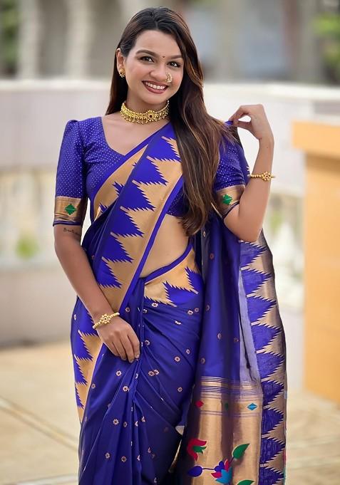 Navy Blue Embroidered Blended Saree Set