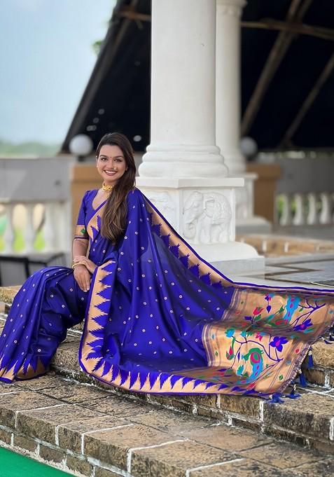 Navy Blue Embroidered Blended Saree Set