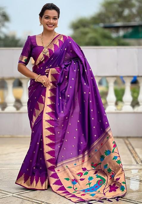 Violet Embroidered Blended Saree Set