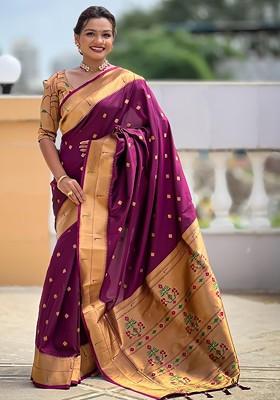 Burgundy Embroidered Blended Saree Set