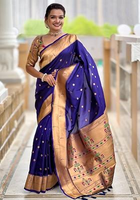 Navy Blue Embroidered Blended Saree Set
