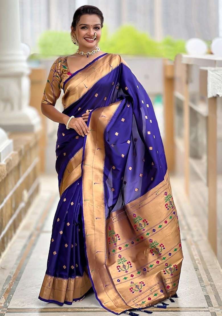 Navy Blue Embroidered Blended Saree Set - Indya