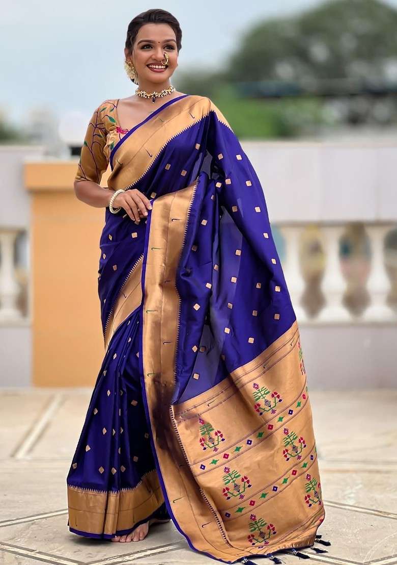 Navy Blue Embroidered Blended Saree Set - Indya
