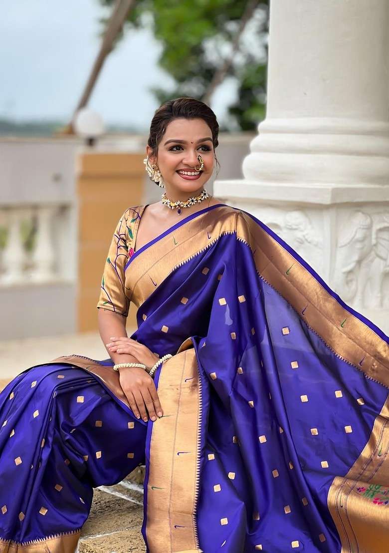Navy Blue Embroidered Blended Saree Set - Indya