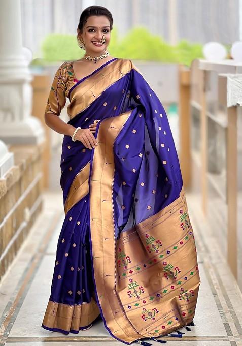 Navy Blue Embroidered Blended Saree Set — view on Indya