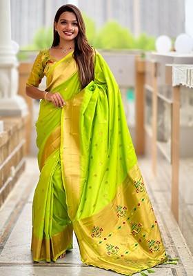 Lime Green Embroidered Blended Saree Set