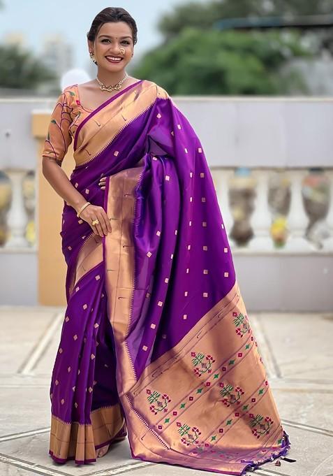 Violet Embroidered Blended Saree Set — view on Indya