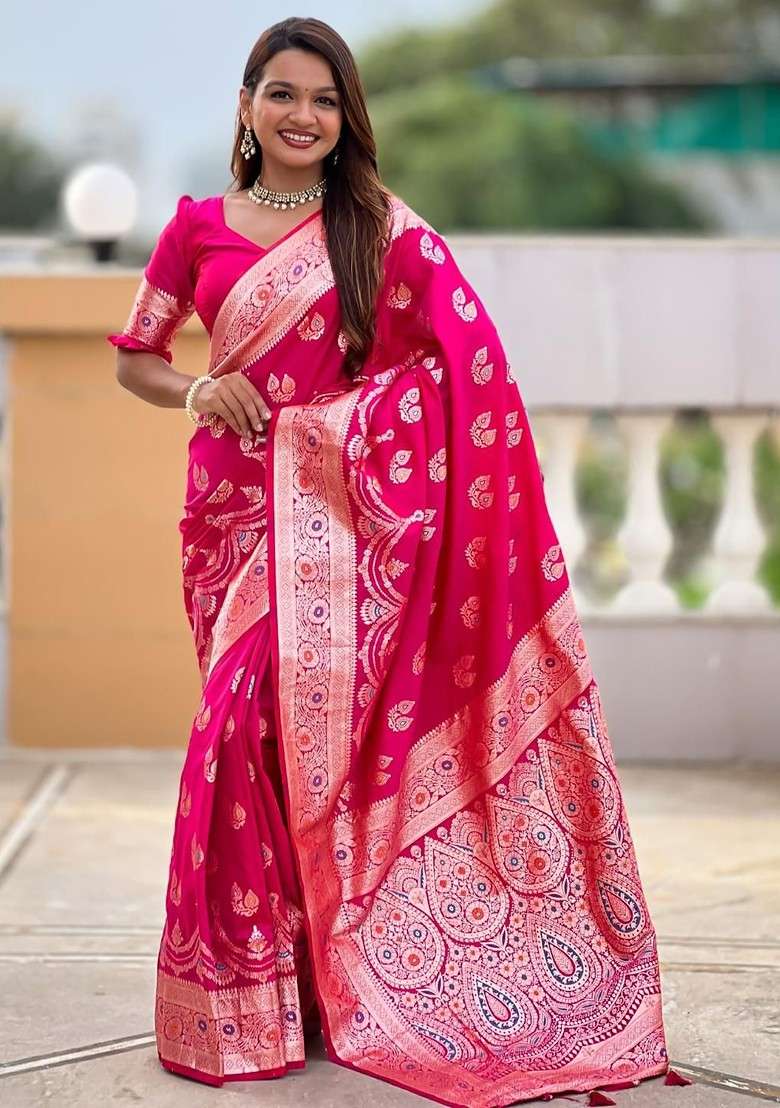 Magenta Blended Saree Set with Embroidered for Diwali | Wedding & Festive Wear - Indya