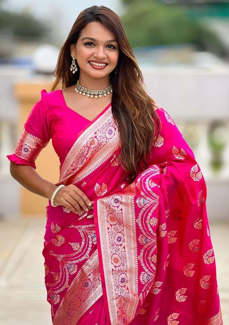 Magenta Blended Saree Set with Embroidered for Diwali | Wedding & Festive Wear - Indya