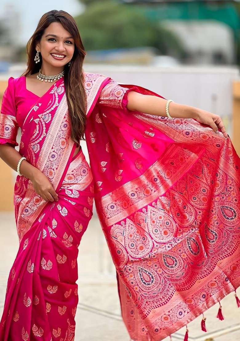 Magenta Blended Saree Set with Embroidered for Diwali | Wedding & Festive Wear - Indya