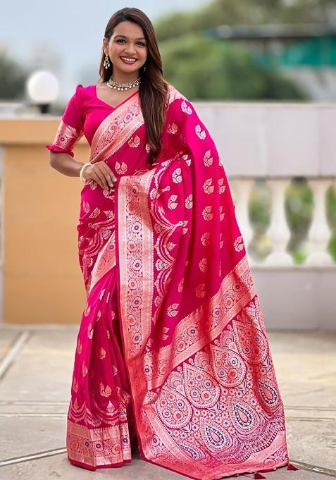 Magenta Embroidered Blended Saree Set
