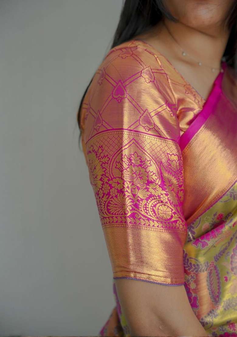 Olive Blended Saree Set with Embroidered for Diwali | Wedding & Festive Wear - Indya