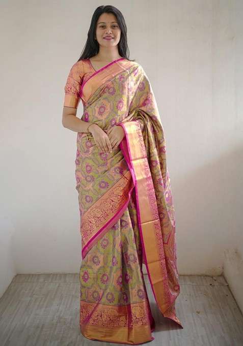 Olive Blended Saree Set with Embroidered for Diwali | Wedding & Festive Wear
