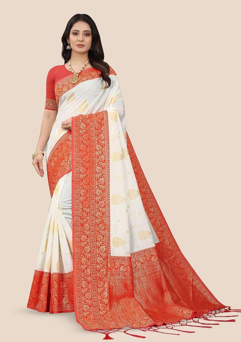 White Embroidered Blended Saree Set for Diwali and Festive Wear - Indya