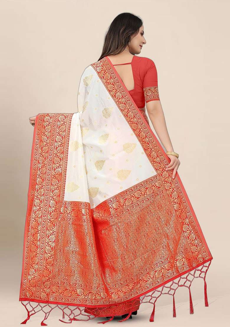 White Embroidered Blended Saree Set for Diwali and Festive Wear - Indya