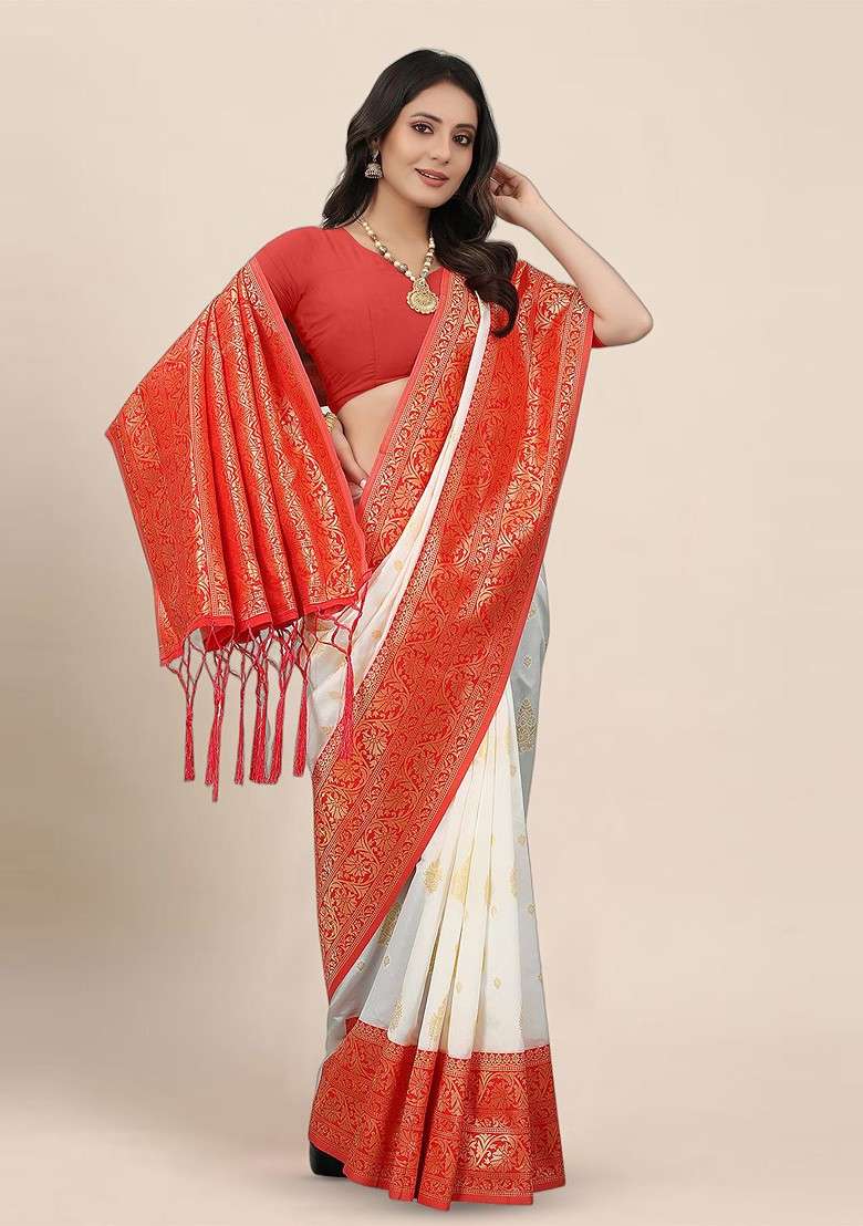 White Embroidered Blended Saree Set for Diwali and Festive Wear - Indya