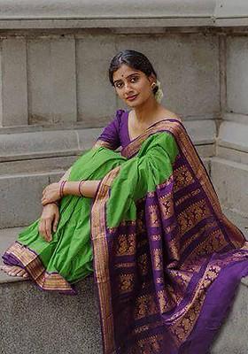 Green Embroidered Blended Saree Set