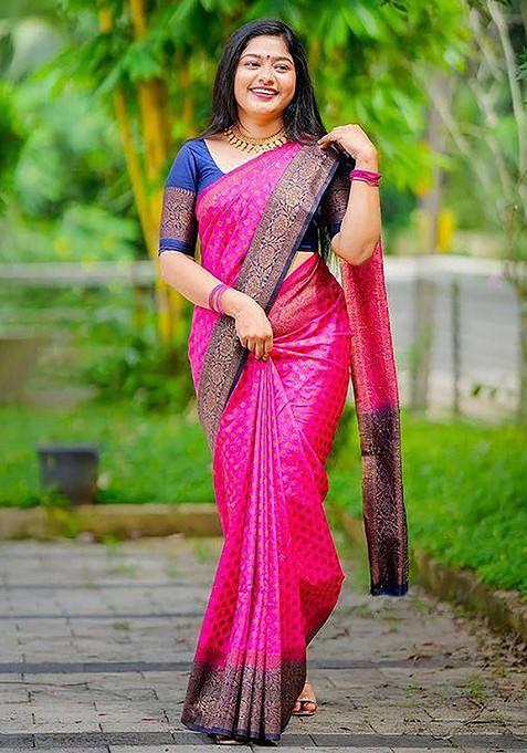 Pink Embroidered Blended Saree Set
