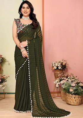 Green Embroidered Blended Saree Set