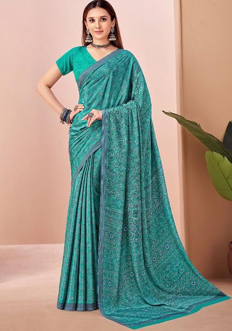 Teal Embroidered Blended Saree Set