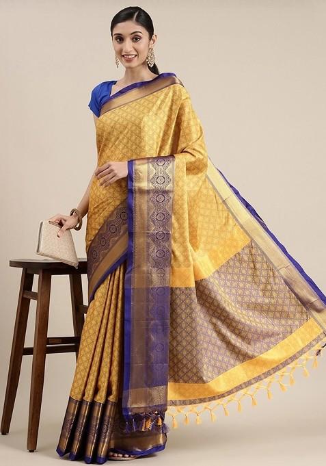 Yellow Embroidered Blended Saree Set