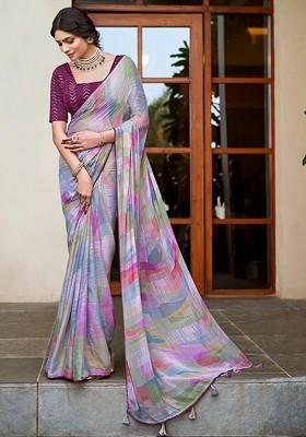 Purple Bagru Printed Blended Saree Set