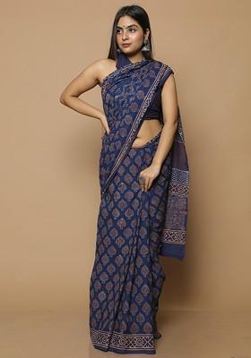 Navy Blue Printed Blended Saree Set
